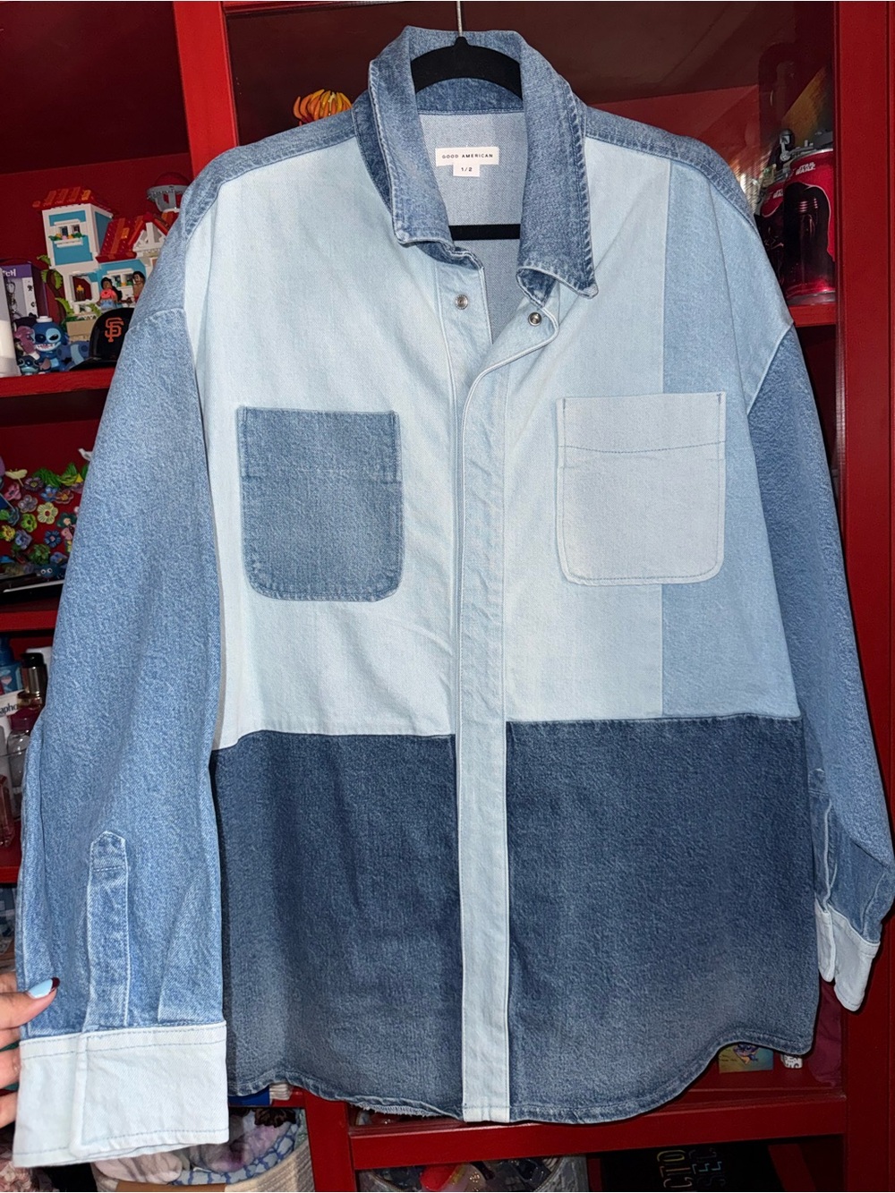 Good American Two-Tone Patchwork Denim Jacket in Light and Dark Blue